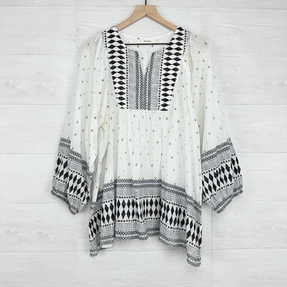 World Market Peasant Top Blouse Size L / XL Black White Tribal Print Boho Beachy